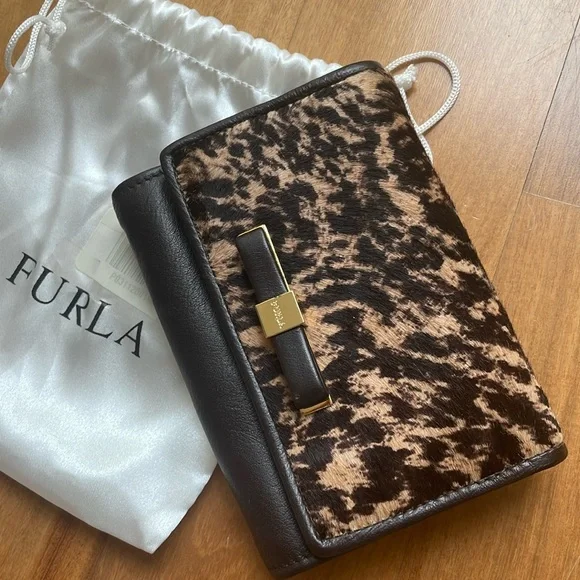 Furla brown crossbody mini wallet bag with gold chain